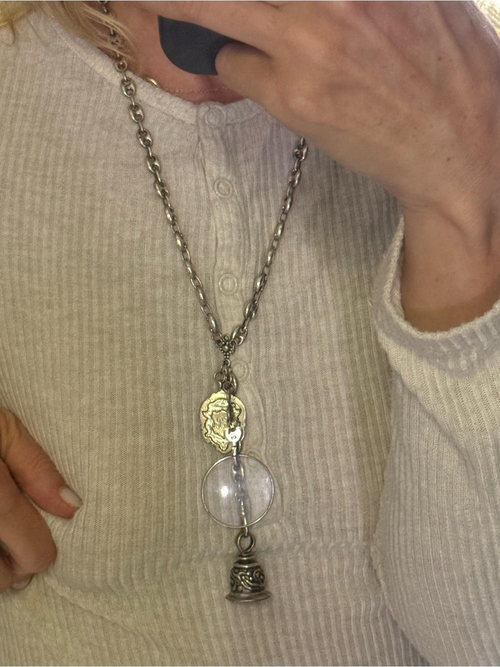 Sterling Silver Puffed Mariner Chain Necklace with Victorian-Style Fob Charms